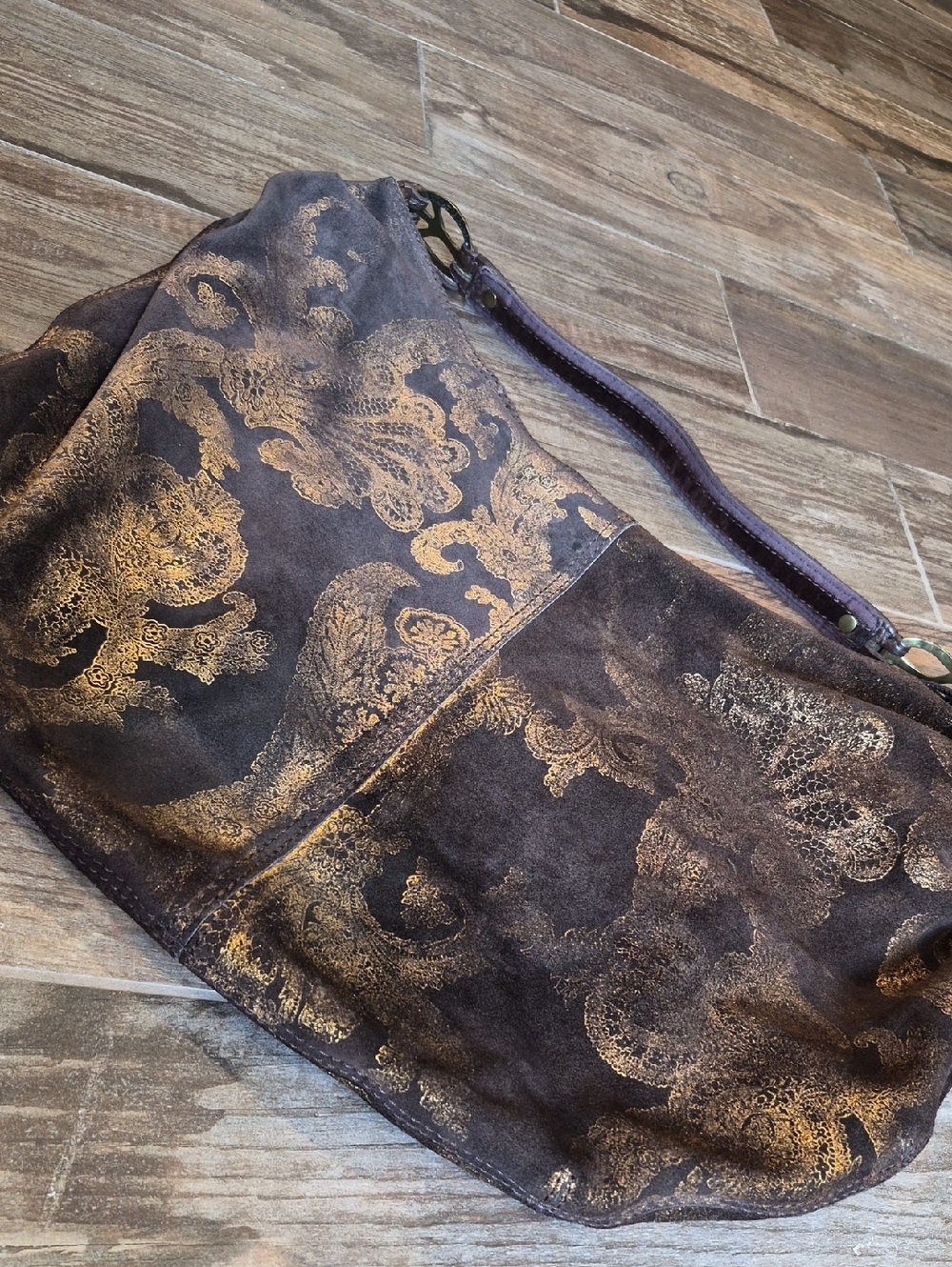 Lucky Brand Brown Suede & Gold Foilage Pleated Detail Bohemian Hobo Shoulder Bag - Picture 12 of 16